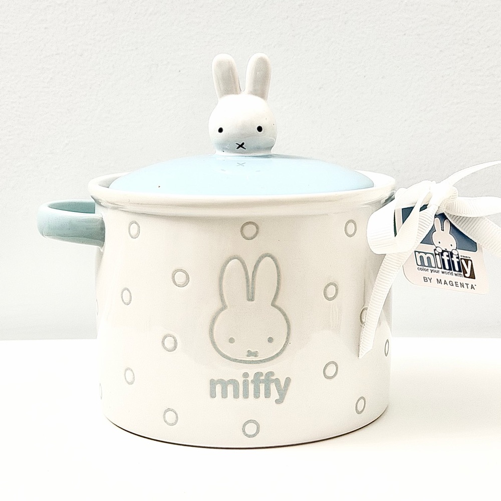 Miffy White and Light Blue Ceramic Soup Pot / Bowl with Lid and Handles